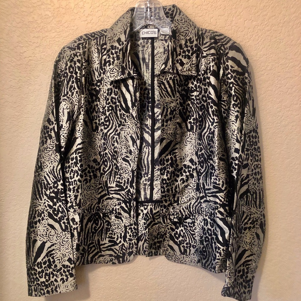 Chico Black & Gold Animal Print Jacket 100% Silk